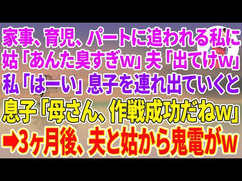 【スカッとする話】家事、育児、パートに追われボロボロの服を着てる私に姑「あんた臭すぎw」夫「もう出てけw」私「はーい」息子を連れ出ていくと、息子「母さん、作戦成功だねw」→3ヶ月後、夫と姑から鬼電がw