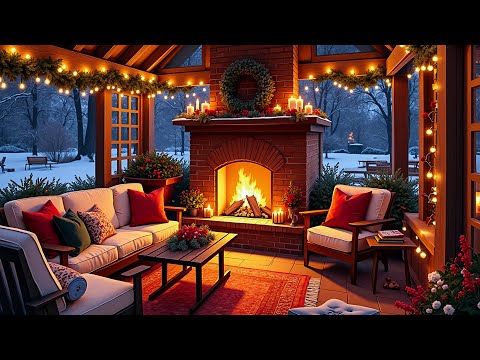 Peaceful Winter Porch ❄️ | Christmas Jazz, Snowfall, and Cozy Fireplace Sounds