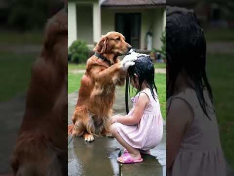 Dog baths the baby girl #funny #cuteanimal