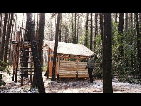 【ブッシュクラフトランチ】雪解雫（ゆきげしずく）きらめく森の中、自作の小屋でお昼のひと時を過ごす。