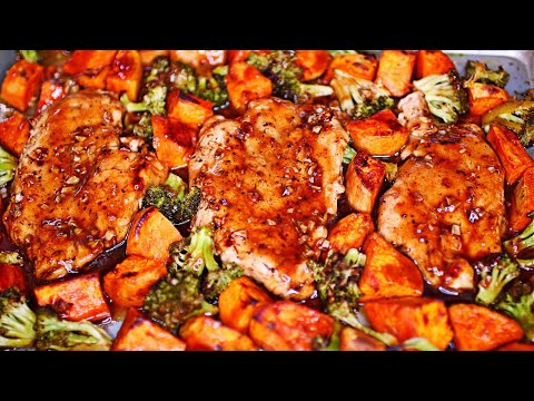 One Pan Honey Garlic Baked Chicken With Sweet Potatoes and Broccoli Recipe