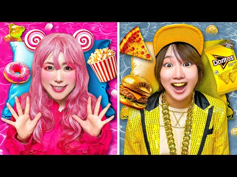 24時間 カラフル vs 金だけで生活！色を集めてハッピーになろう♪ 男女でおやつの早食い競争！色縛りお絵かき対決で勝負だ！【チャレンジ】