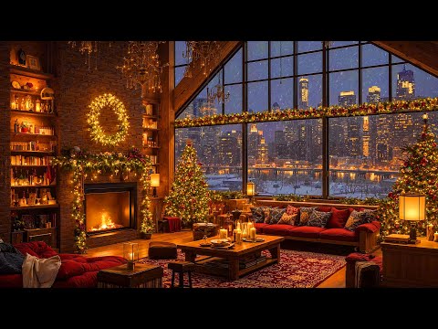 Christmas Coffee Shop Ambience with Instrumental Jazz Christmas Music 🎄 Christmas Fireplace Sounds 🔥