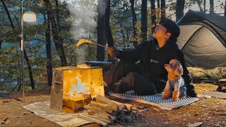 Solo Camping in Forest with My Dog . Grilled Eel in the Wild . Wood Stove ASMR