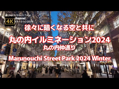 4K【徐々に暗くなる空と共に「丸の内イルミネーション2024」マジックアワーの幸せしかない世界～丸の内仲通り】【Marunouchi Street Park 2024 Winter】