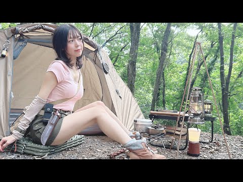 Alone birthday, Scary thunder, Camping with bibimbap and cake, Japanese camping girl