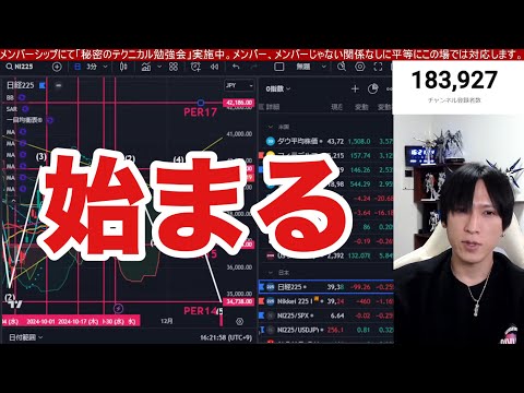 11/8、日本株また下がるんか。日経先物が４００円安。アメリカ利下げでドル円下落が痛すぎる。米国株、ナスダックは最高値更新。仮想通貨BTC強い