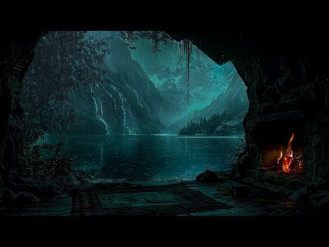 Cozy Lakeside Cave with Nature Fireplace - Thunder and Rain Sound To Beat Insomnia and Stress