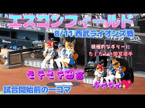 田宮選手とフレップ＆ポリー　積極的なポリーにたじたじの田宮選手　エスコン日ハム・西武戦ゲーム開始前の一コマ