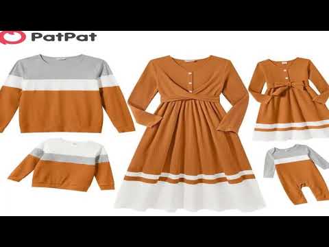 PatPat Family Matching Outfits Long-sleeve V Neck Button Front Colorblock Rib Kn