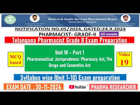 Telangana Pharmacist Grade-II exam Preparation II Unit 10 - part 1 II Unit 1-10 exam preparation