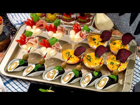 Top 4 finger foods for a party. Snacks in cups, nori rolls, and glass appetizer recipes