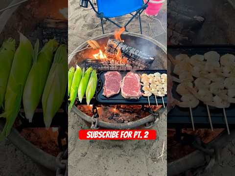 Cooking on a campfire griddle #camping #cooking #campfire #steak #shrimp #corn