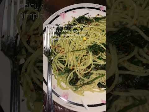 Spaghetti with sweet potato leaves, pesto, spicy cayenne pepper #healthylifestyle #foodie