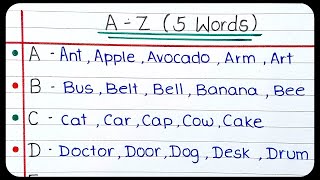 A to Z alphabet 5 words | A to Z alphabets with spelling for 5 words for learning | Five words A toZ