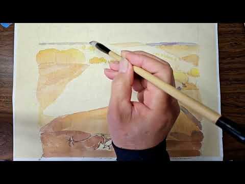 Watercolor Master  Study of Grant Wood's Fall Plowing (1931) on WG Silk Paper