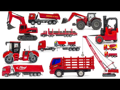 Red color Heavy truck, loader, excavator, crane, and other heavy equipment one by one