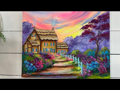 How To Paint COTTAGE AND FLOWERS 🌸 Acrylic tutorial