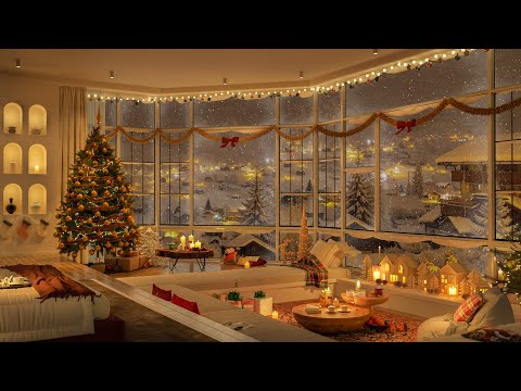 Christmas Jazz Sanctuary – 4K Cozy Bedroom with Holiday Lights, Snowfall Views, Relaxing Tunes 🎄🔥