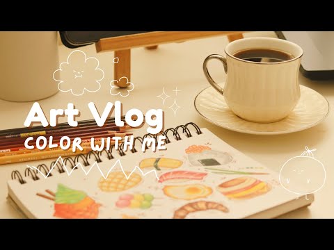 color with me - drawing easy/cute food art 🥐🍟🍣 colored pencil (prismacolor), chill art vlog, asmr