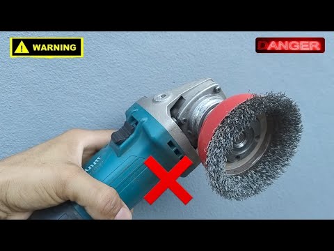 Caution: Never do this with a rotating brush on the angle grinder!