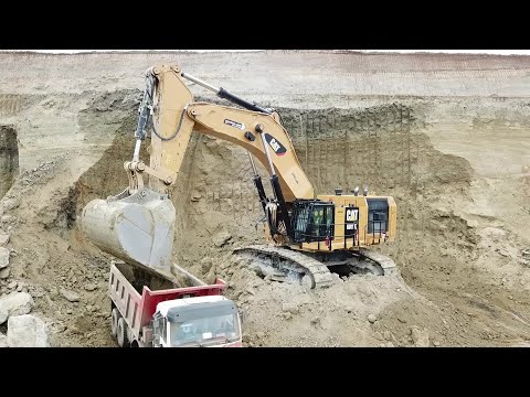 Caterpillar 6015B Excavator Loading Trucks With Two Passes - Sotiriadis Mining Works - Drone Video