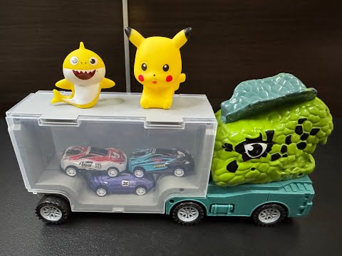 （玩玩具）pull back car, Dinosaur storage cart, Escape from the dinosaur's mouth, Pikachu, baby shark