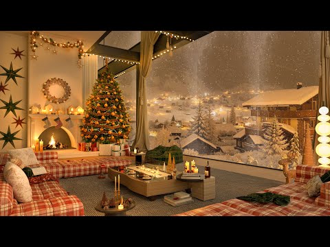 Luxury Christmas Jazz Villa – 4K Elegant Living Room with Fireplace and Snowy Views 🎄❄️🔥