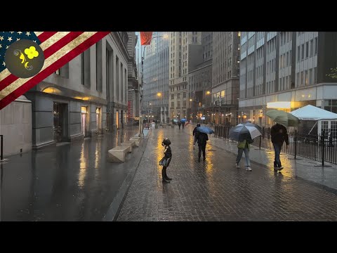 Heavy Rain- Walking in New York City - Umbrella Sounds - Downtown Manhattan- 4K ,