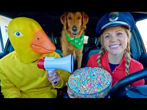 Police and Rubber Ducky Surprise Puppy with Car Ride Chase!