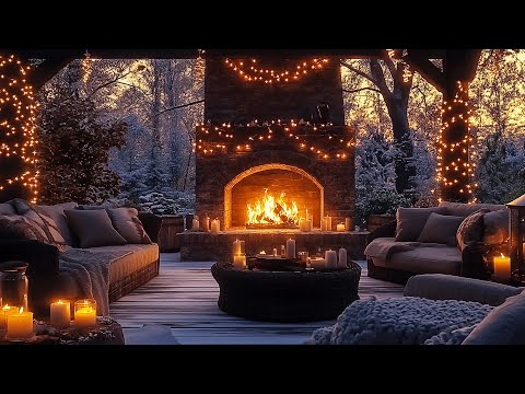 Winter Porch Ambience: Jazz, Snowfall & Crackling Fireplace for Stress Relief ⛄