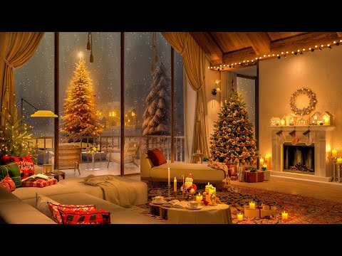 Snowy Holiday Jazz Refuge – 4K Cozy Bedroom with Christmas Lights, Fireplace Warmth, Gentle Tunes 🎄