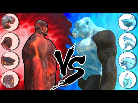 Team Ice Godzilla vs Team Lava Attack on Titan with MegaIodon Rex