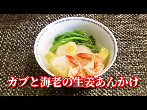 カブと海老の生姜あんかけ　Turnips and shrimps in Stewed dish flavored with Dashi and Grated ginger