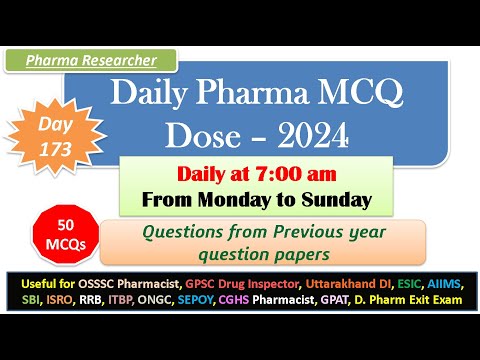 Day 173 Daily Pharma MCQ Dose Series 2024 II 50 MCQs II #exitexam #pharmacist #druginspector #dsssb