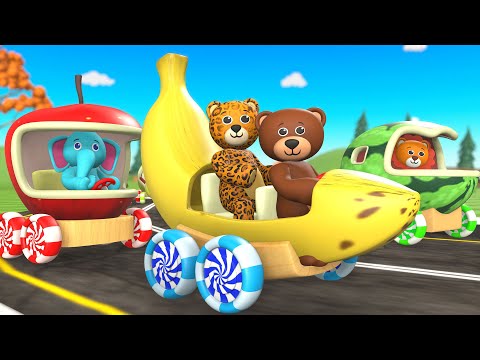 Cute Baby Boy & Girl Learn Animals Names with Wooden Train | Funny Fruits Car Racing videos For kids