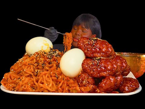 ASMR SPICY CHICKEN WINGS  & SPICY NOODLES DUMPLINGS  MUKBANG (NO Talking) |Sticky Eating Sounds