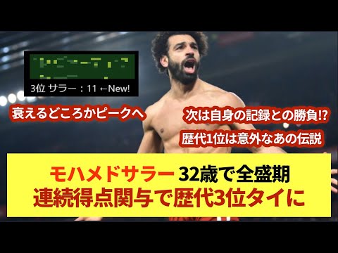 モハメドサラー 32歳で全盛期 連続得点関与で歴代3位タイに