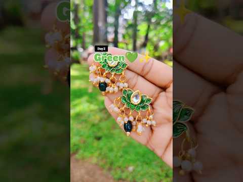 Day2 Green colored earrings💚✨ #greencolor #greensaree #kundanjewelry #kundanearrings #pearlearrings