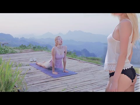 SOLO CAMPING GIRL YOGA - RELAXING IN HUGE RICE PADDY| FULL ASMR 4K VIDEO