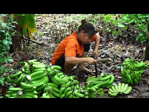 Single mother harvests bananas to sell at market, cooks and makes bamboo beds to sleep on.