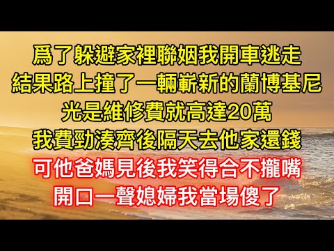 爲了躲避家裡聯姻我開車逃走，結果路上撞了一輛嶄新的蘭博基尼，光是維修費就高達20萬！我費勁湊齊後隔天去他家還錢，可他爸媽見後我笑得合不攏嘴，開口一聲媳婦我當場傻了