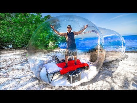 24hr Inflatable BUBBLE Tent Beach CAMPING CHALLENGE!!! (Catch & Cook)