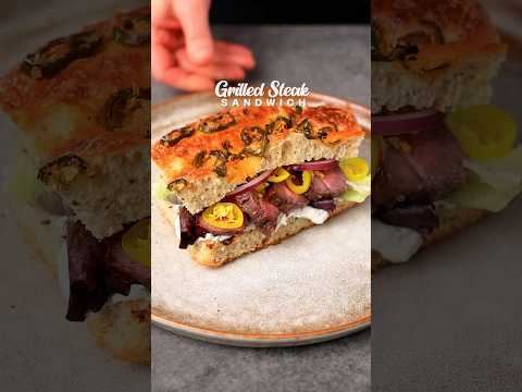 Grilled steak sandwich on jalapeño-cheddar focaccia