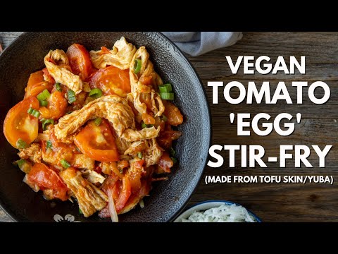 The vegan take of the Tomato 'egg' stir fry using tofu skin!