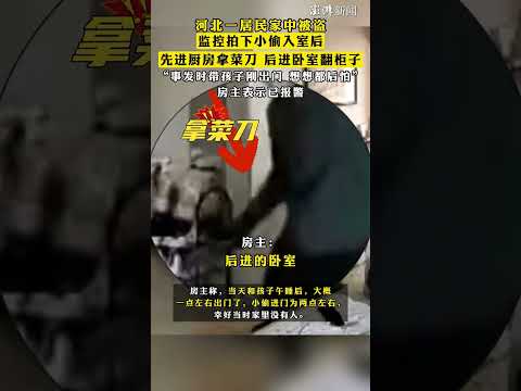 河北一居民家中被盗，监控拍下#小偷入室后先进厨房拿菜刀 ，后进卧室翻柜子，“事发时带孩子刚出门，想想都后怕”，房主表示已报警