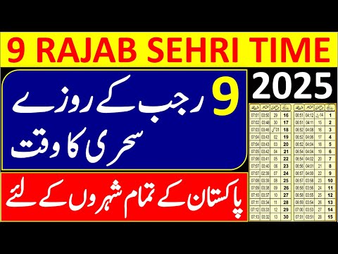 9 Rajab Ke Roze Ka Time Table 2025 | 9 Rajab 2025 Sehri Time | Sehri Time Today 2025