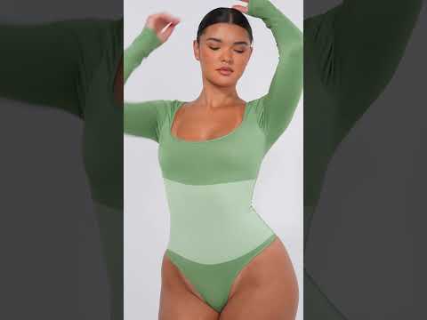 Seamless Eco-friendly Square Neck Long Sleeve 360° Waist Control Thong Bodysuit