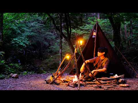 SOLO Bushcraft Camping by Small Waterfall (Relaxing)