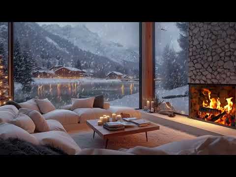 Peaceful Winter by the Lake ~ Fireplace Crackles Sounds & Snowy Ambience Calm for Deep Relaxation ❄